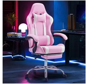 Computer Chair with Footrest and Lumbar Support, Home Offfice Chair, Pink and White