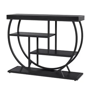 Garvee Farmhouse Console Table for Entryway with 4 Tiers, Rustic Hallway Storage, Semi-Circular Metal Frame, Narrow Design for Living Room, Apartment, Behind Sofa, Black Finish