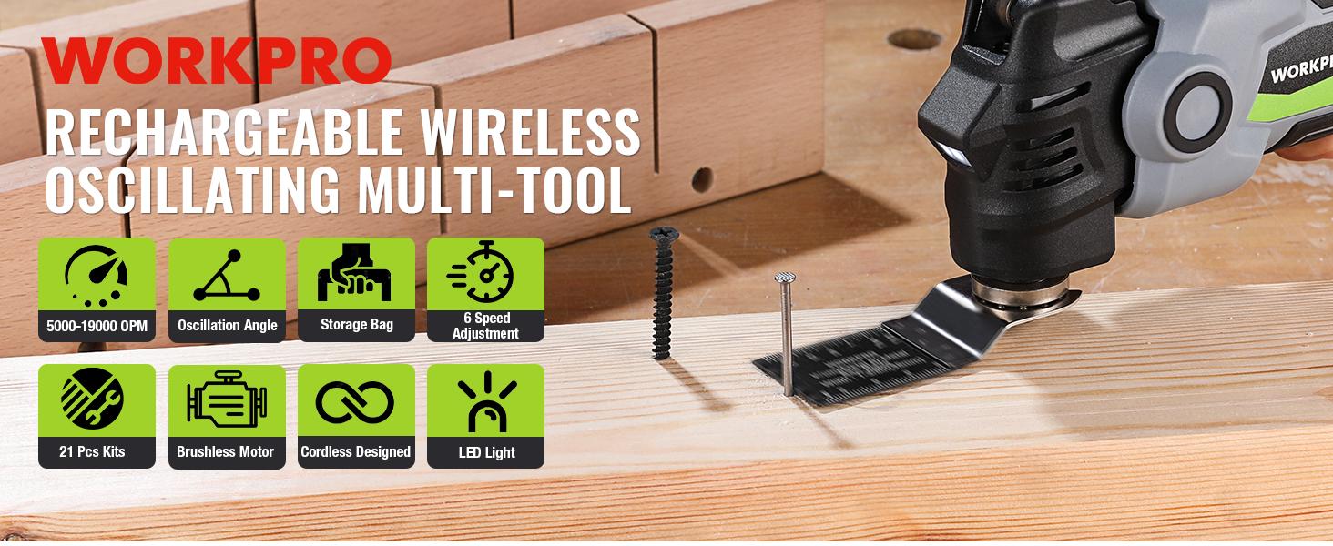 #fathersdaygift WORKPRO 20V Oscillating Tool Kit, Cordless and Brushless 19,000 RPM Orbiting Multi Tool with 6 Variable Speeds, 3.6°Oscillation Angle, 21pcs Saw Accessories, 1 Rechargeable Battery and Carrying Bag