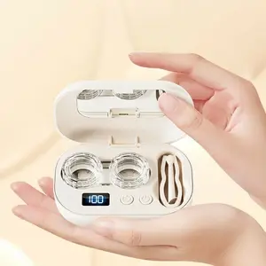 Ultrasonic Rechargeable Contact Lens Cleaner with Vanity Mirror – Portable Case for Hard & Soft Lenses, 2 Cleaning Modes, Daily Deep Cleaning for Travel, Sports, Office, and Home Use