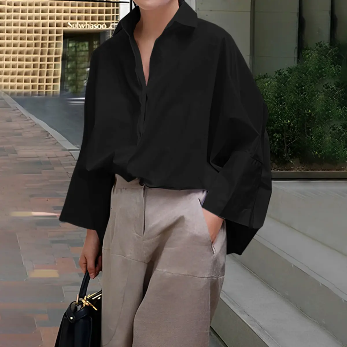 UOOZEE Women's Minimalist Long Sleeve Collared Oversized Lapel Blouse - Baggy Cotton-Polyester Blend, Soft Loose Fit, Solid Multi-Color, Thanksgiving Layering Outfits, Androgynous Style, Office Business Casual Tops (Blouses for Women), Trendy Blouses