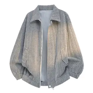 Men’s spring/autumn retro wavy-pattern jacket; premium long-sleeve turn-down collar bomber jacket; versatile windproof casual fashion jacket; unisex for everyday commuting with a relaxed vibe; comfortable breathable fabric.