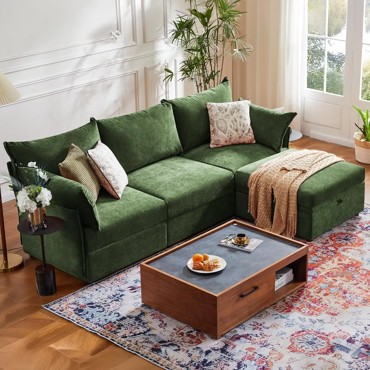summervibes ABCASA 102.6" Luxury Modular Sectional Sofa, L-Shape & U-Shape 3-Seat Couch with Storage Ottoman Deep Seat & Reversible Chaise Lounge Chenille Green for Compact Spaces, Apartments, Dorm
