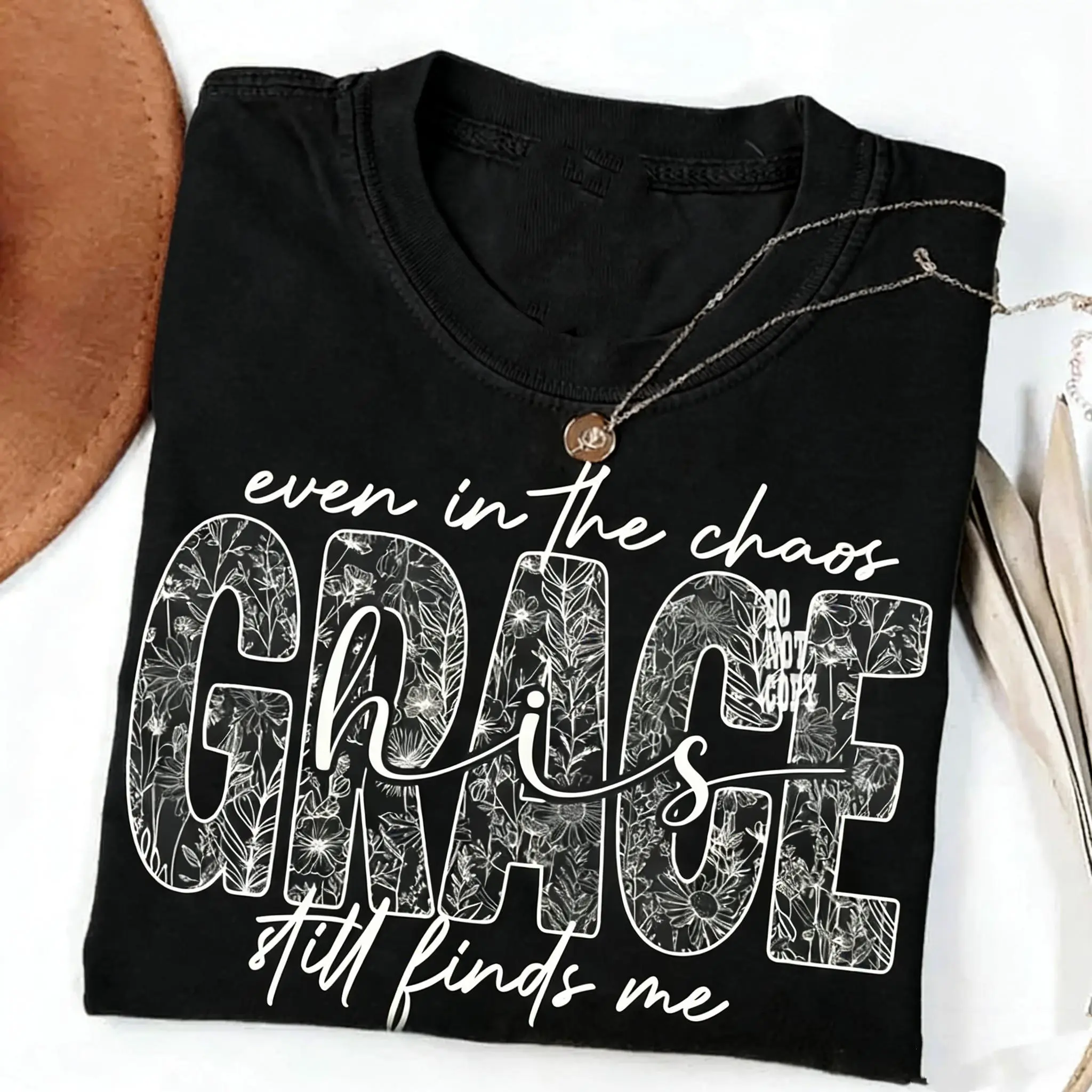 Women's Cotton Comfortable Casual Athletic Graphics T-Shirt - Christian Faith "His Grace Still Finds Me" Vintage Floral Scripture Tee for Chaos-Related Solace, Printed, Fit, Soft, Style, Top