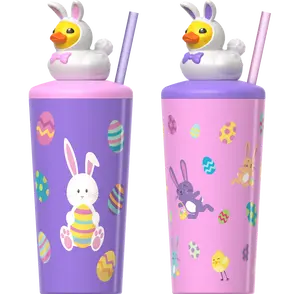 COOL GEAR 2-Pack 18 ozPop Topper Tumbler with Straw, Mix-and-Match Character Topper, BPA Free Reusable Cup - EASTER DUCKIE