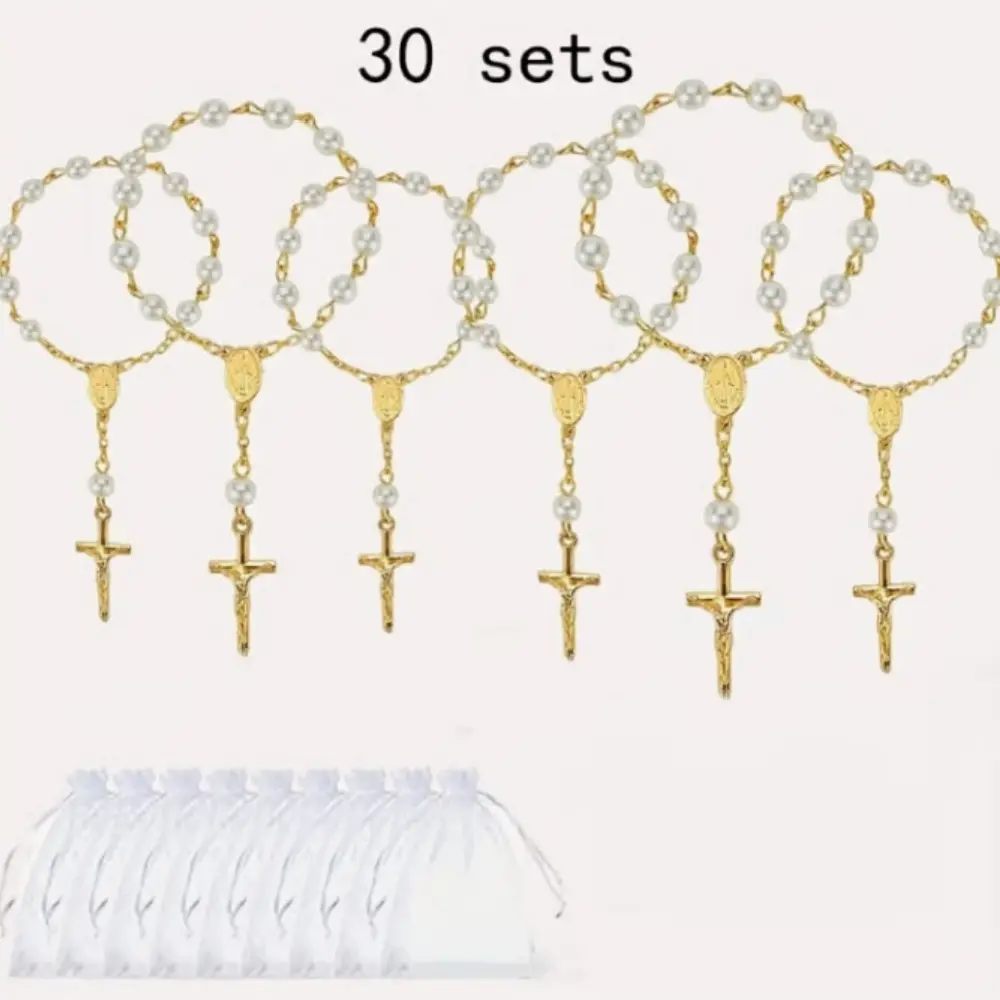 30 Sets Baptism Mini Rosary with Organza Bags Faux Pearls Baptism Rosary Favors for Guests Catholic Finger for Christening Weddings Party Favors First Communion Gift men's jewelry