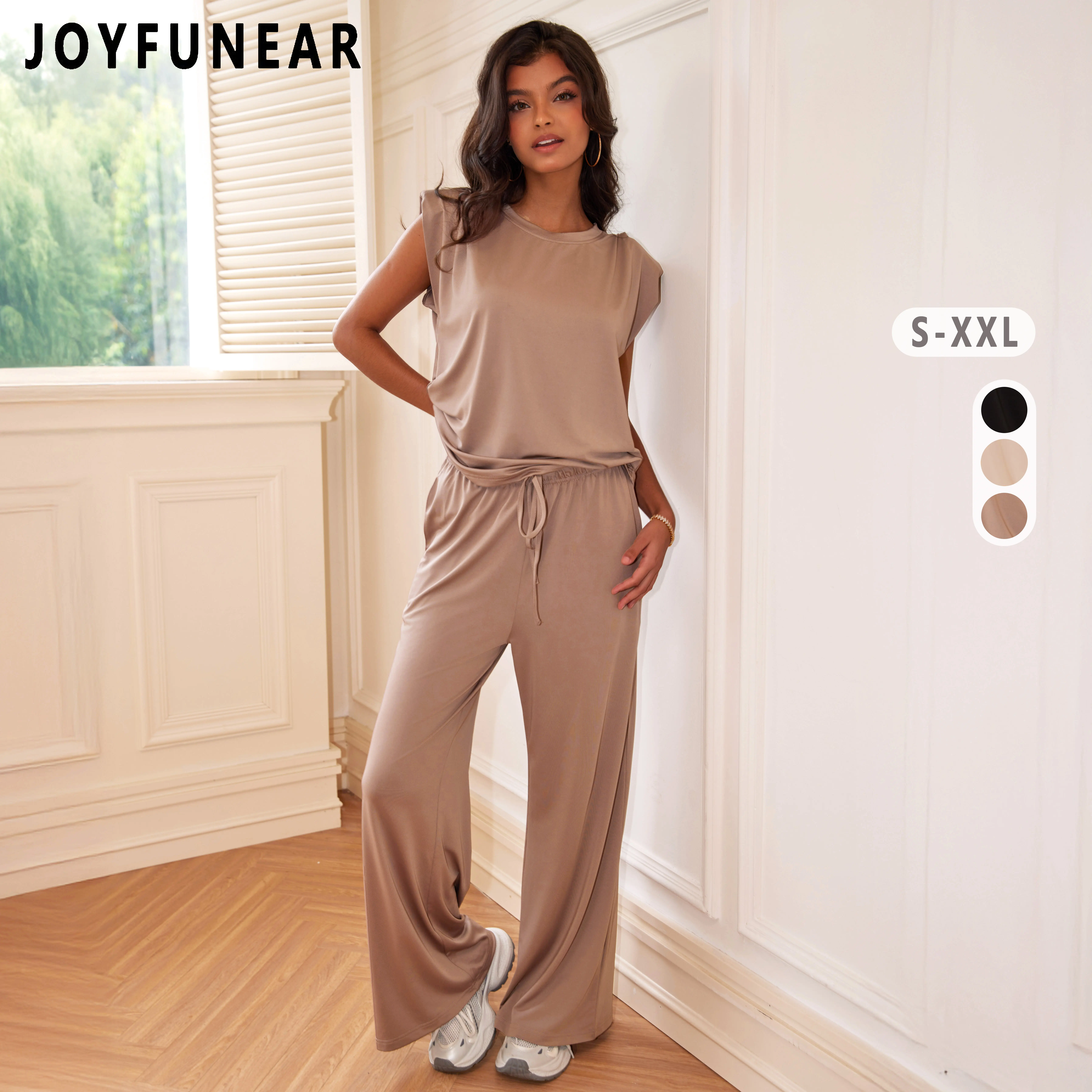 Joyfunear Women's Chic Knitted 2-Piece Set, Solid Crew Neck Tank Top and Wide Leg Pants with Pockets, Elegant, Below The Ankle, Pocketed, Dry Clean