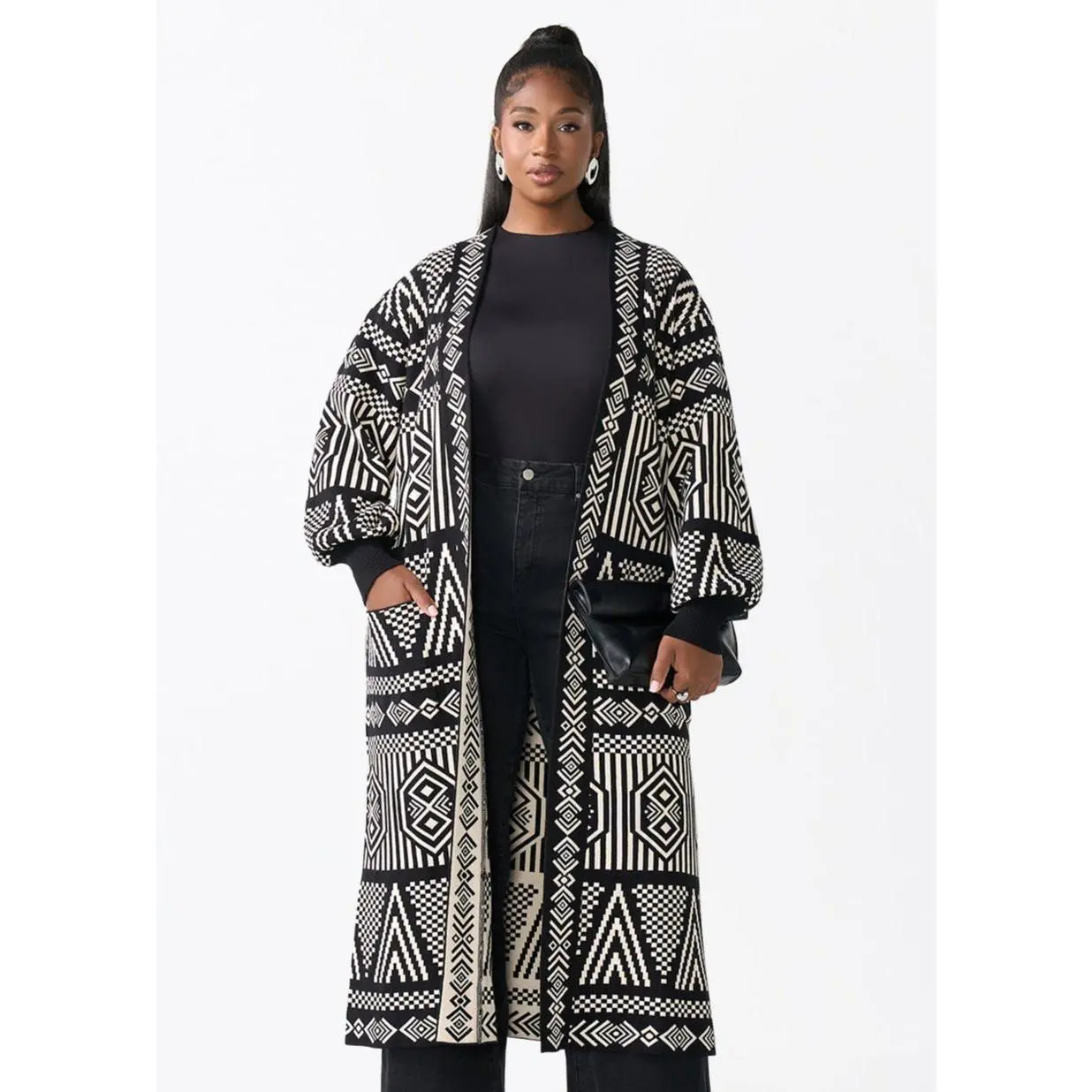 Oratile Women's African Print Cardigan (Black Cream Tribal)