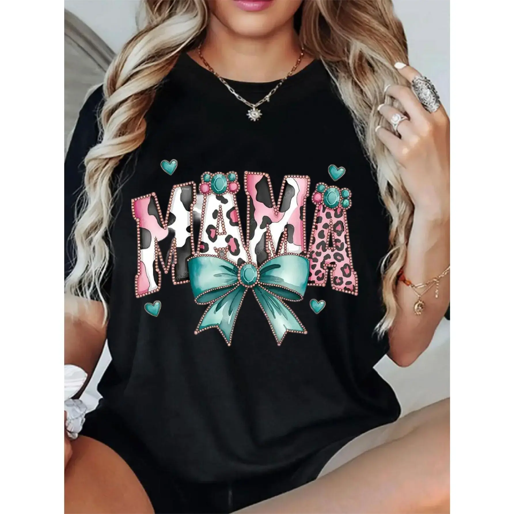 [100% Cotton] Women'S Oversized Loose Fit Graphic T-Shirt - Mama Design With Hearts, Bows & Leopard Print, Soft Breathable Crew Neck Short Sleeve Casual Tee For Mother'S Day Gift, All-Season Comfort, Ladies T Shirts T-Shirt For Men And Women