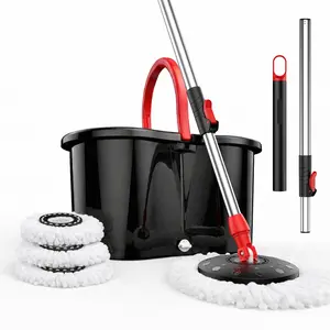 Mop set with bucket, including a 360° rotating mop head, three microfiber mop heads, and a two-section adjustable mop handle for high cleaning efficiency. Single-basin rotating system suitable for hot floors; stainless steel mop.