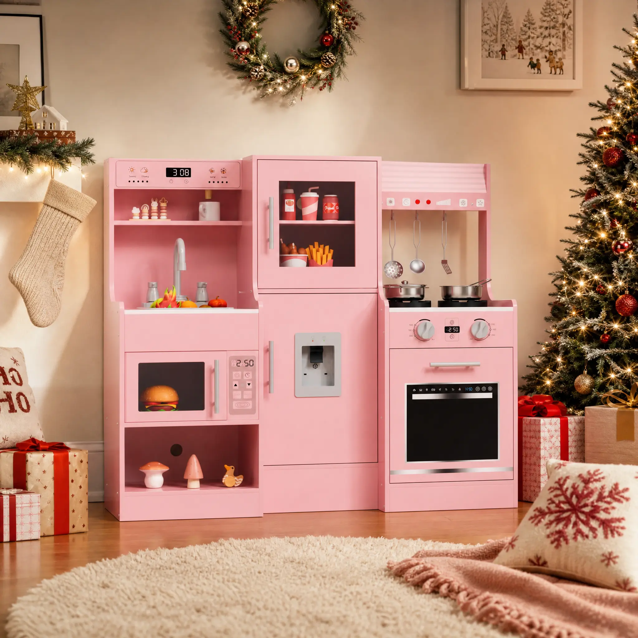 MAMIZO Kids Kitchen Playset with Real Lights & Sounds, Wooden Play Kitchen with Large Storage, Microwave Oven, 6 Cooking Accessories,  faucet Little Chef Pretend Play Toy Kitchen Set, educational Gift for Boys Girls, Christmas  Black Friday Cyber Monday