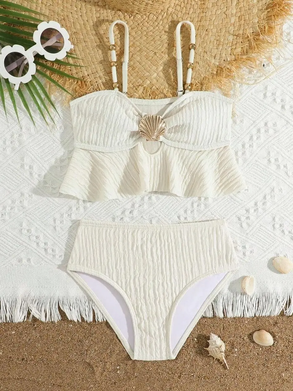 Girls Solid Color Bikini Set, Cute 2-Piece Swimsuit For Summer Beach And Holiday