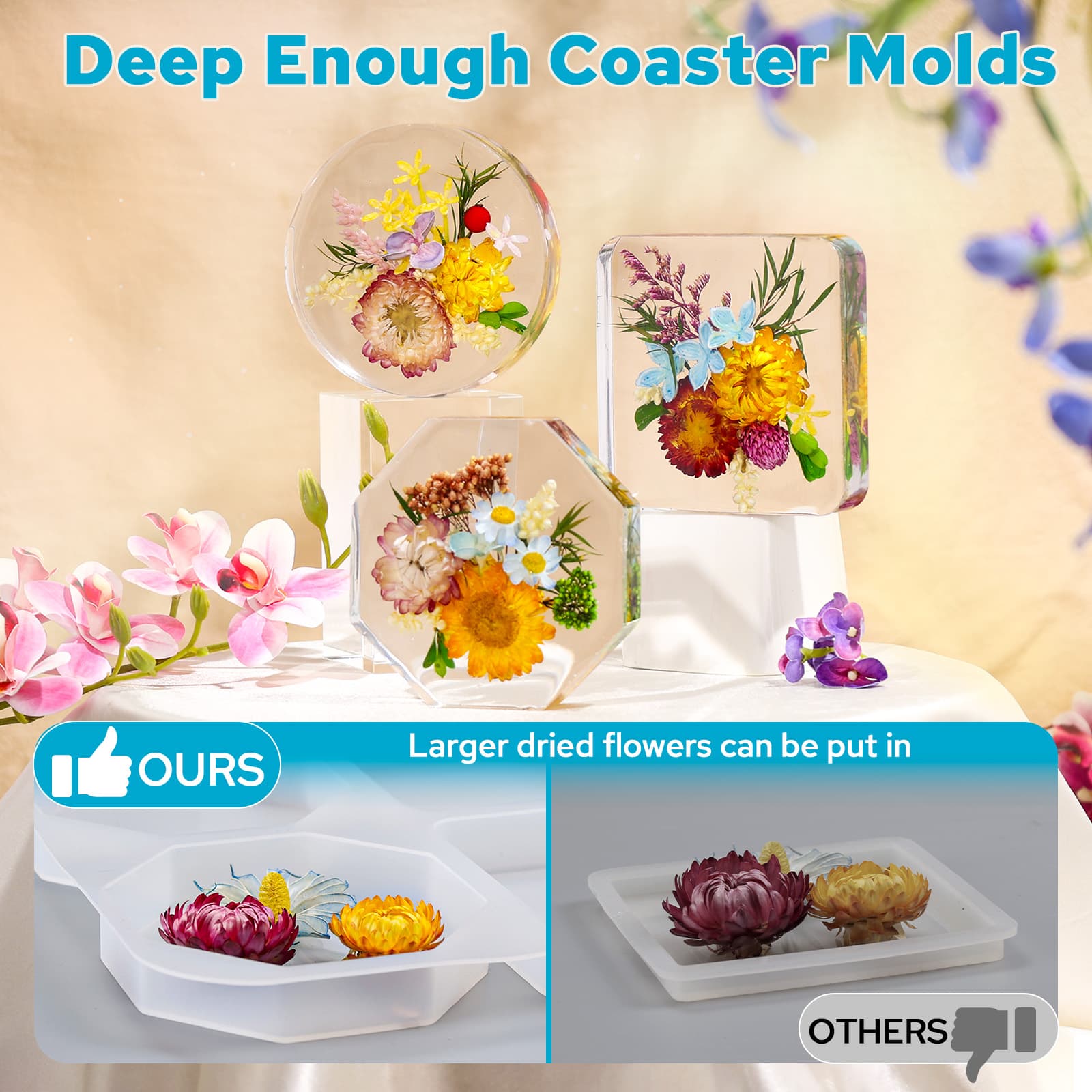 Extra Deep Coaster Resin Molds, 6 Cavity Round/Square/Octagon Shape Silicone Molds for Epoxy Resin, Flower Preservation, DIY Art Craft Cup Mats - LETS RESIN