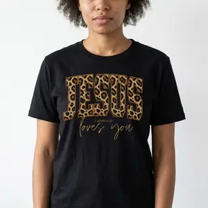 Christian Jesus tshirt, Cheetah Print Bible Verse T-shirts, Trendy Faith Apparel Gift, Jesus Loves You, The Way The Truth The Life Womenswear Matching Cotton Top