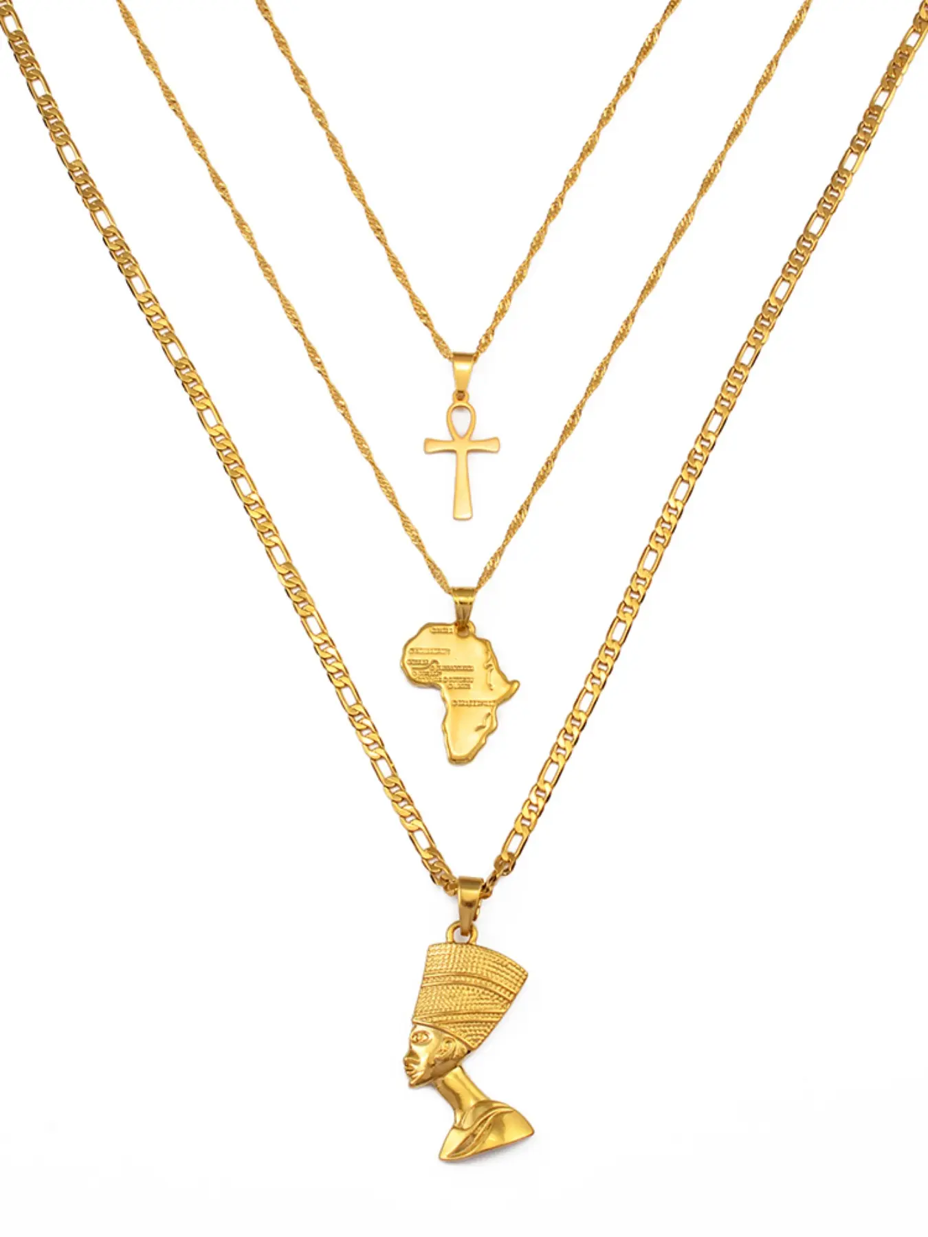 3pcs Necklaces Together Ankh Nefertiti Africa Map Pendant Gold/Silver Color Birthday Party Ethnic Jewelry Women Assorted Necklaces