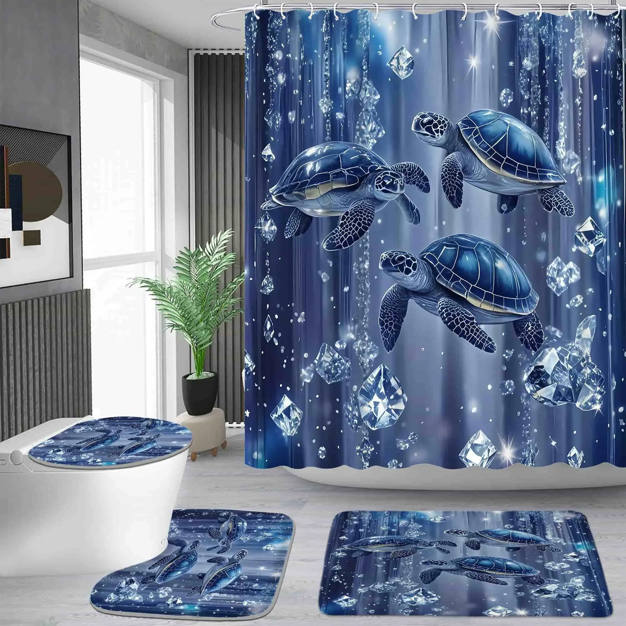 Deep sea turtle diamond pattern shower curtain set, waterproof shower curtain with 12 hooks, non-slip bathroom carpet, toilet U-shaped cushion, toilet seat cover cushion, bathroom shower curtain set, perfect moving gift.,home essentials