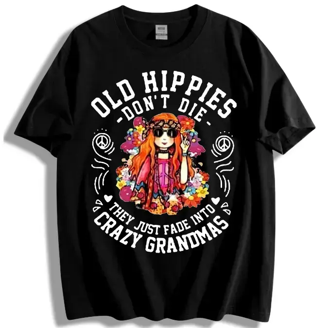 Women's Casual T-Shirt - 'Old Hippies Are Not Dead' White Tee with Floral & Peace Sign, Machine Washable, Hippie Clothing