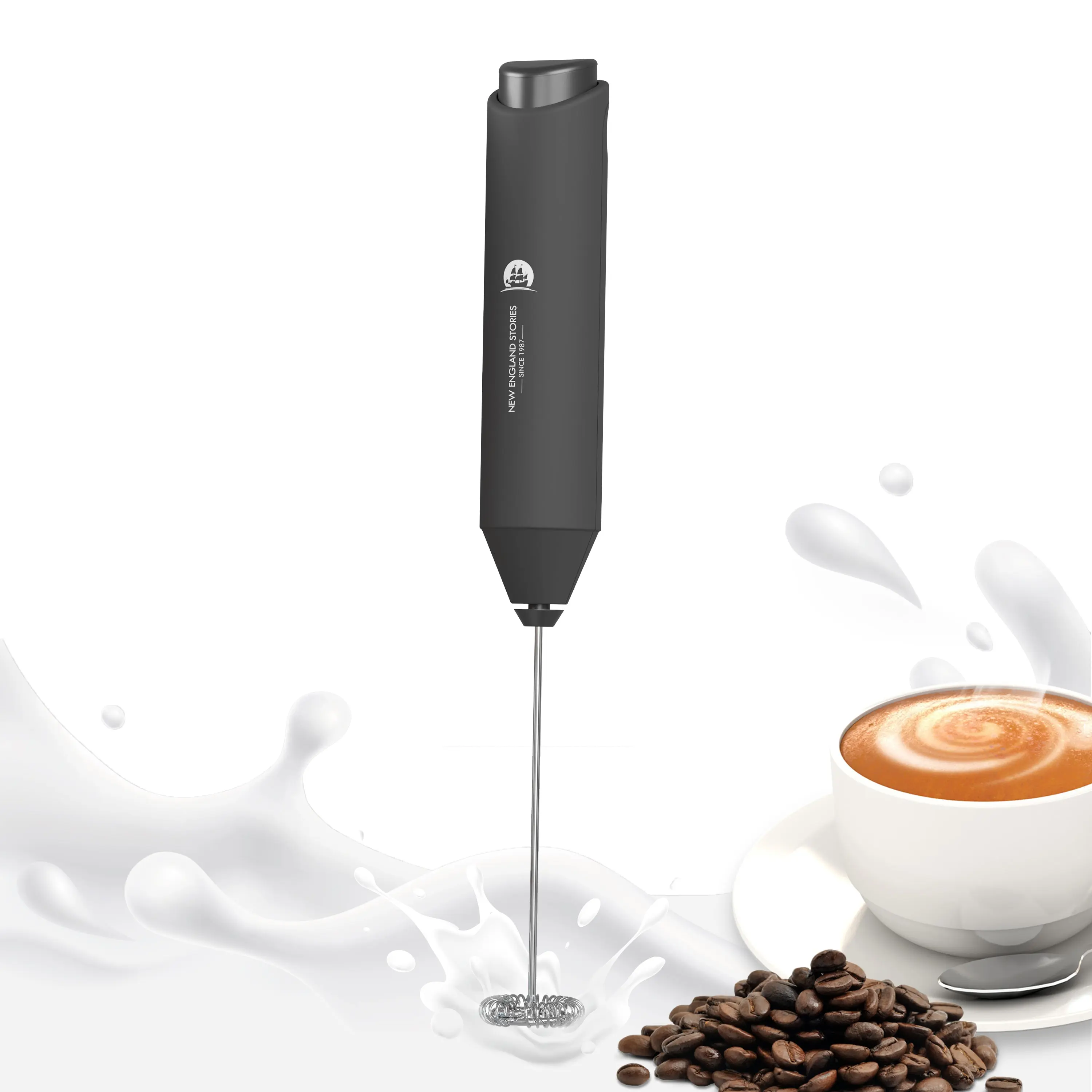 New England Stories Lightweight Battery Powered Hand Mixer - 2.9oz Stainless Steel Cordless Coffee Gadget, Instant Foam Button, Manual Press-and-Go Mini Kitchen Tool for Warm Milk + Foam, Easy to Clean Black (No Stand) backtoschoolshopping, Battery Powere