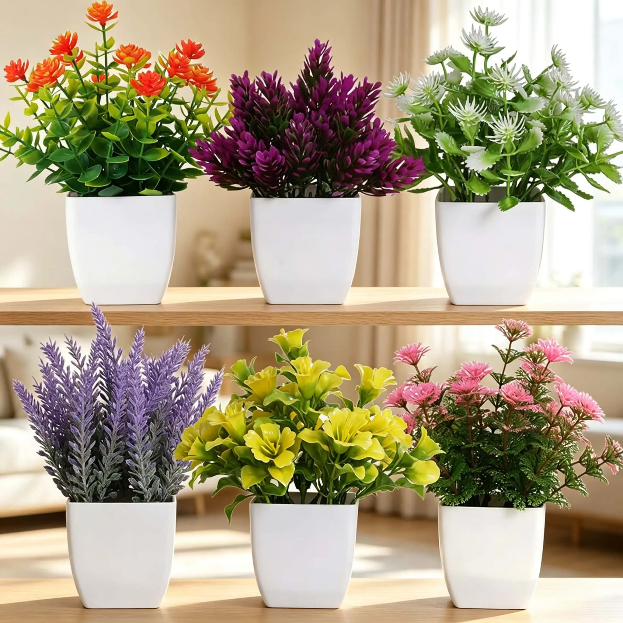 6Pack Artificial Potted Plants Faux Greenery in Small Pots for Shelf, Bookshelf, Office or Home Decor, Small Decorative Fake Plants for Modern Indoor Display
