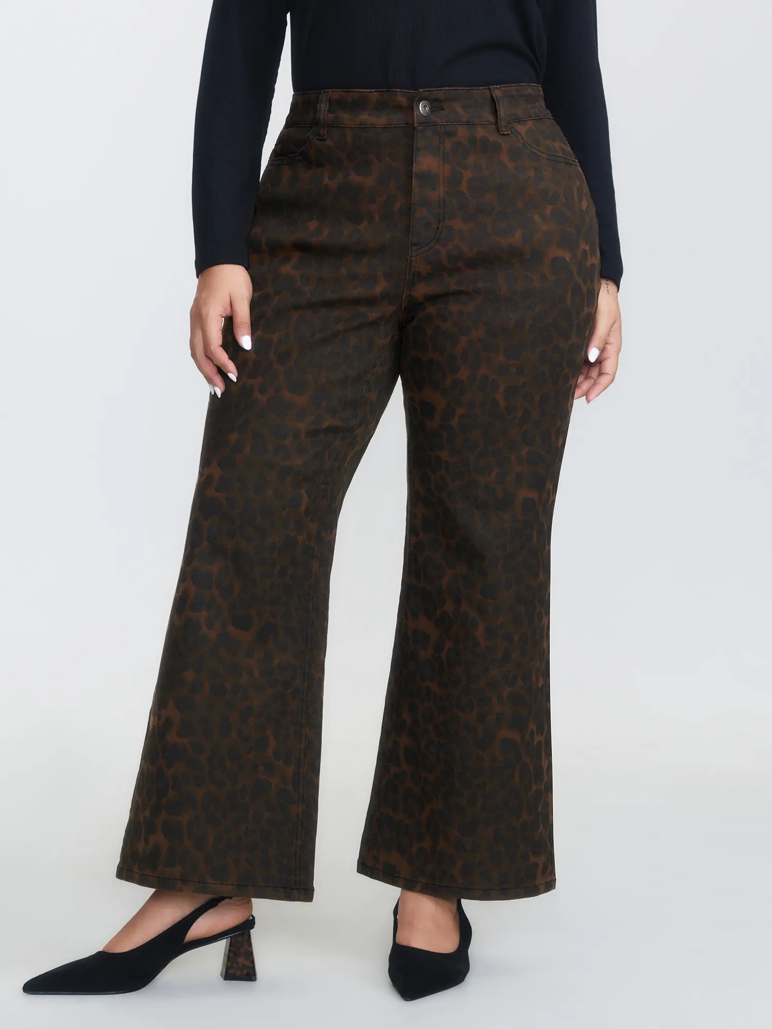 Plus Size Dark Wash Jeans, Leopard Print High Stretch Denim Flare Bottoms with Tummy Control and Pocket, Fit