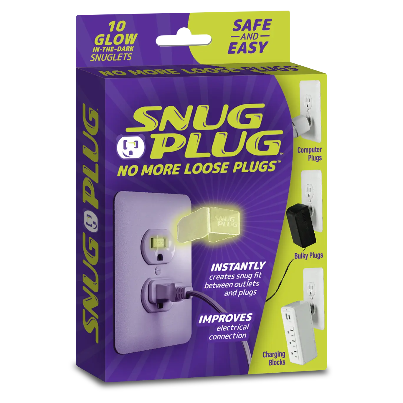 Snug Plug Glow in the Dark Outlet Plug Covers - Loose Outlet Fix for Dorm Rooms, Kids Rooms & Hallways, Tightens Loose Wall Sockets for Chargers, Computer & Bulky Plugs, Night-Visible Snuglets