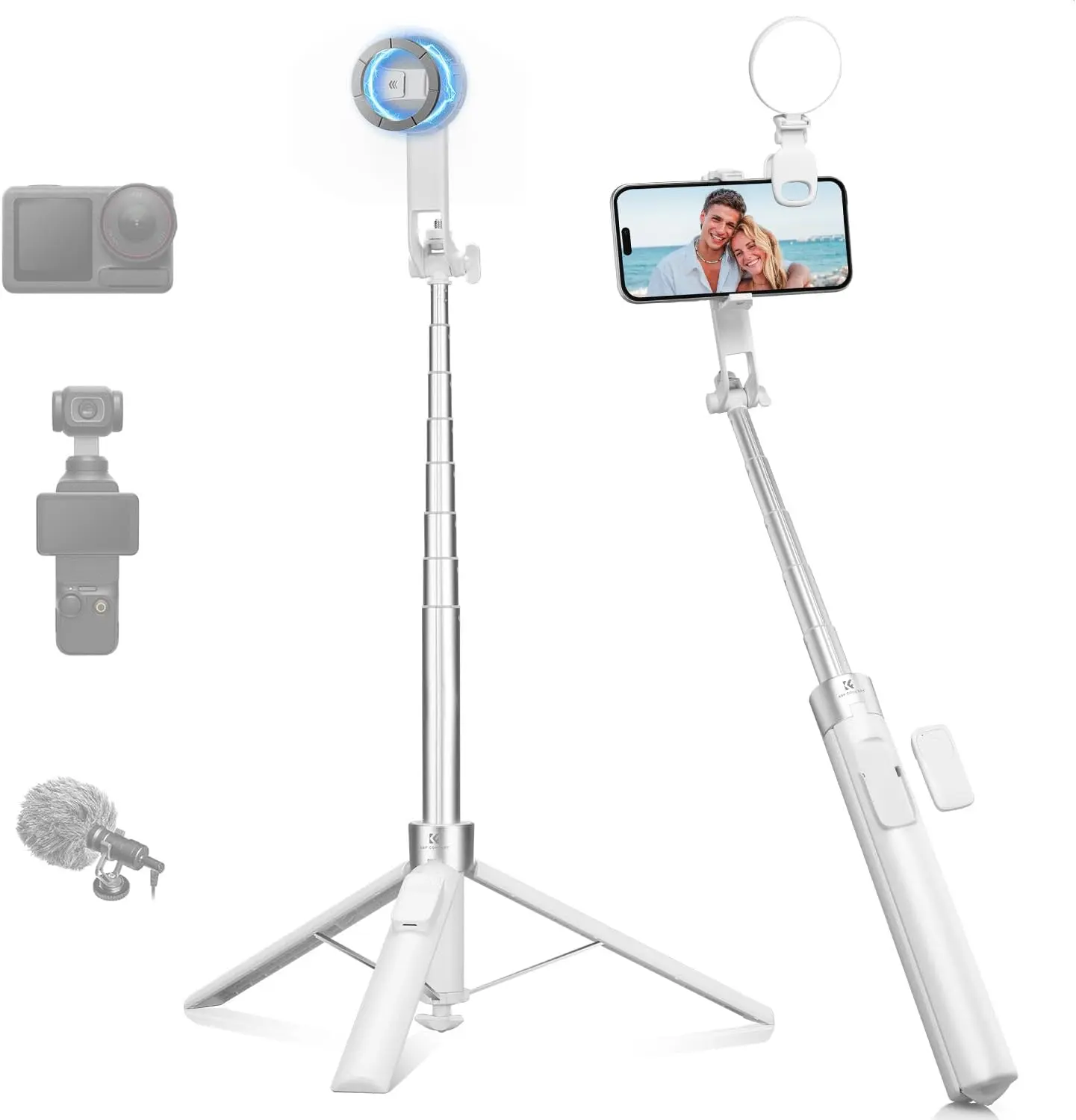 K&F CONCEPT Popod 72" Phone Tripod, Clip & Magnetic Selfie Stick with Fill Light & Remote, Automatic Phone Tripod Stand, Compatible with iPhone 17-12 Series Osmo Pocket 4/3 Insta360 X5 Android Phones
