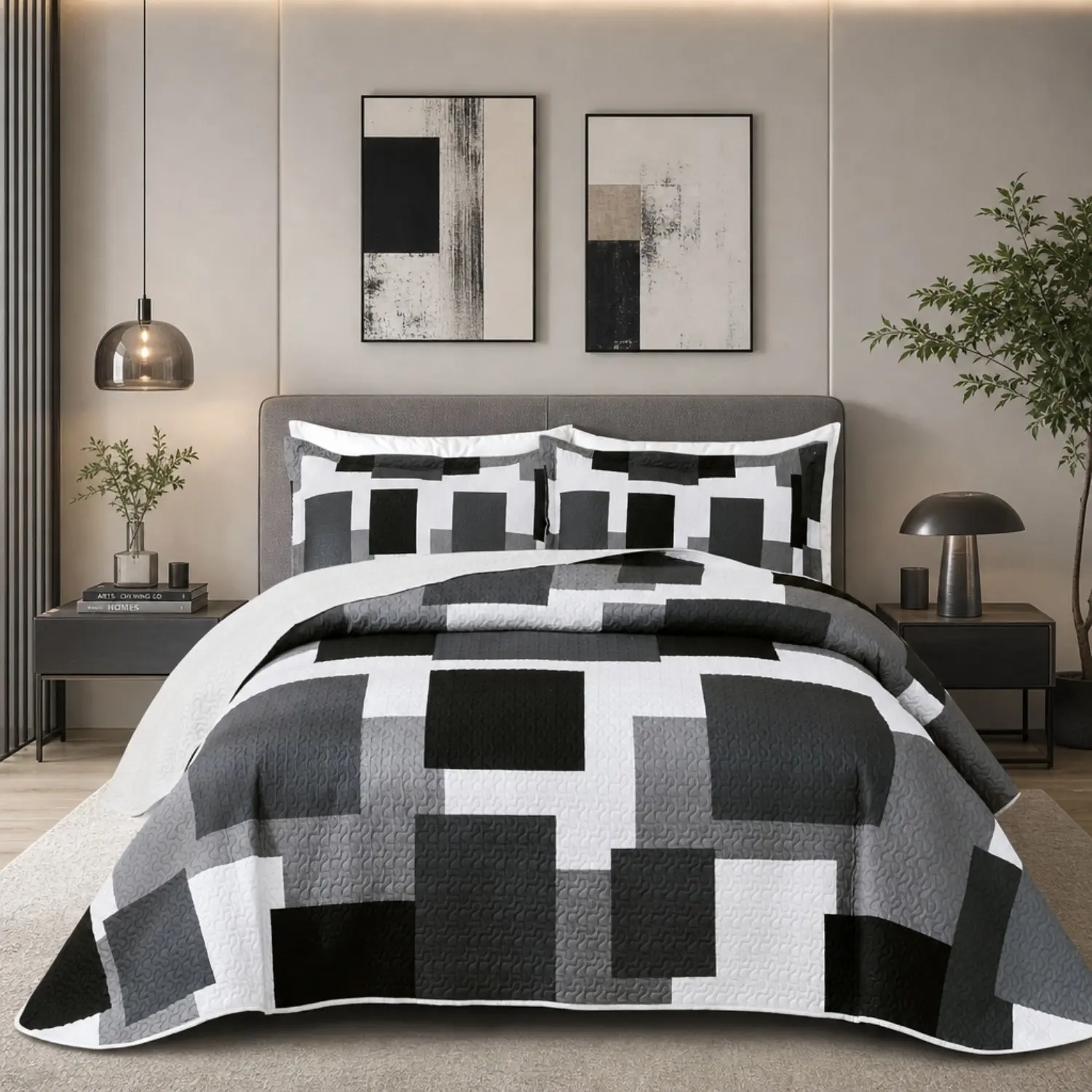 3 Piece Quilt Set Geometric Reversible Bedding Set Microfiber Lightweight Bedspread Coverlet with 2 Shams Modern Bed Covers for All Season summerwins,back to school,back to school shopping,home decor