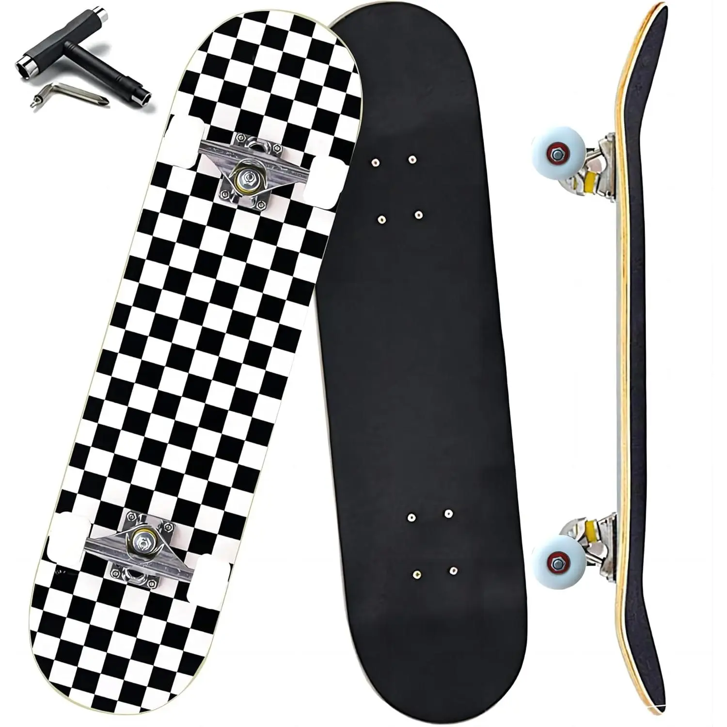 Checkered Complete Skateboard (31"x8") - 7-Layer Canadian Maple Wood Deck, Double Kick Concave, for Beginner Kids