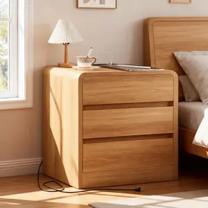 Modern Nightstand with Charging Station, Wood Bedside Table w/2 Storage Drawers, Large Nightstands for Bedroom, Living Room, Curved Profile Design