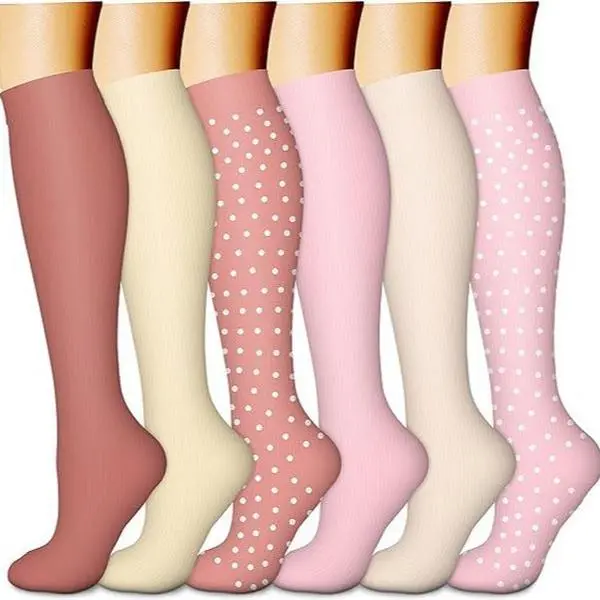 6 Pairs Over the Knee Compression Socks Pink Cream Mauve with Polka Dots Nylon Blend Moisture Wicking Breathable Day Lightweight Pastel Women's Wear Festival Party cosy socks Calf Length Fashion