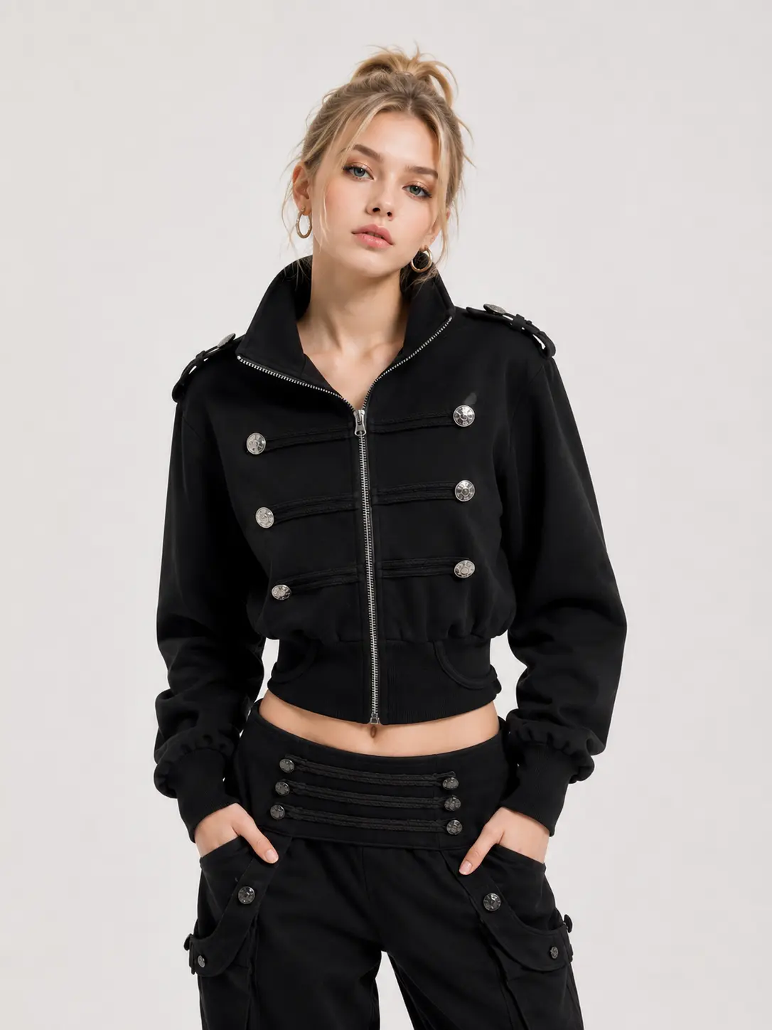 Aelfric Eden Napoleon Zip Up Jacket Napoleon Military Style Double-Breasted Metal Buttons Stand Collar Cropped Silhouette Structured Knit Fabric Y2K Women Edgy Outerwear