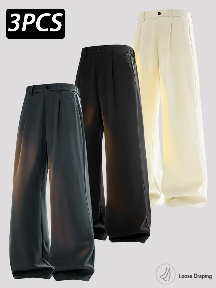 Men’s Wide Leg Menswear Pants - 1/2/3 Pack Relaxed Loose-Fit Trousers with Elastic Waist, Button Closure, Belt Loops, Smooth Drape Fabric, Plain Design for Daily Wear, Office (Black, Khaki, Gray, Ivory), Pleated