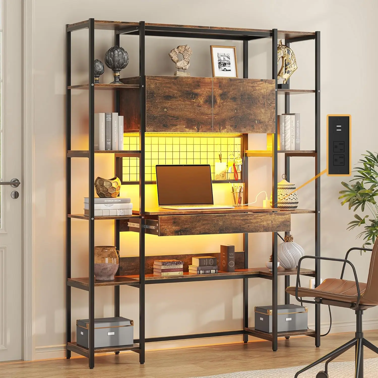 Rustic 5-Tier Open Bookshelf with Home Office Desk, RGB Lights, Power Outlet, Drawer, 2-Door Storage Cabinet & 12 Vertical Storage Shelves, 71.1" Tall Bookshelf with Drawers for Home Organizing, Vertical Storage Solutions