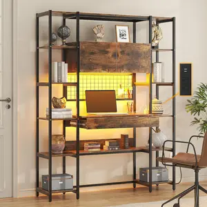 5 Tiers Rustic Bookshelf with Home Office Desk and RGB Lights and Power Outlet, 71.1" Tall Book Shelf with Drawer & Storage Cabinet & 12 Storage Shelves, Large Bookcase with 2 Doors