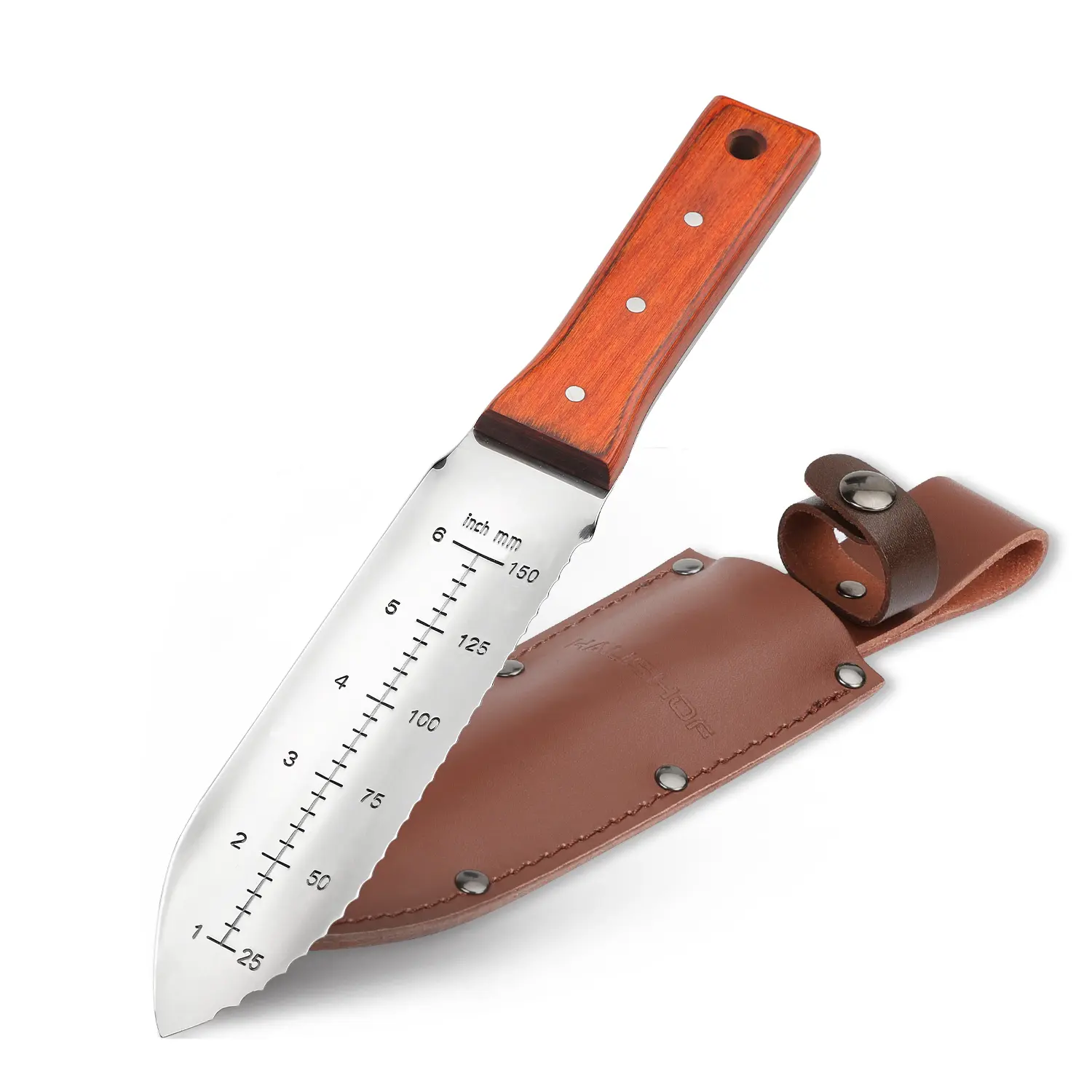 #backtoschool HAUSHOF Hori Hori Garden Knife 7”Stainless Steel Serrated Blade with Cutting Edge, Gardening Tool with Leather Sheath for Weeding, Planting, Digging, Wood Handle with Hanging Hole