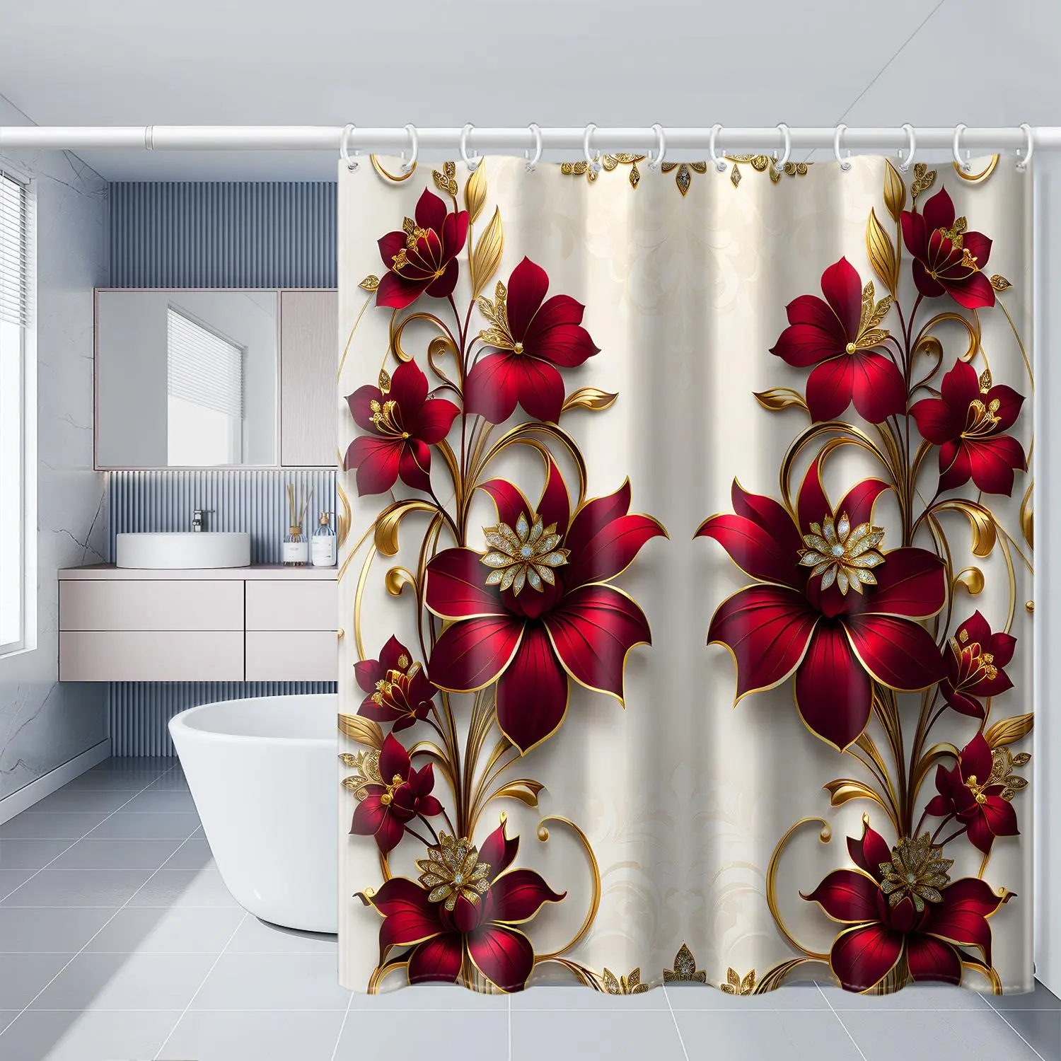 [1pc Red Rose Shower Curtain] Polyester Textile Artwork Curtains, 66x72in Metal Red Rose Printed, High-End Art Style White Background, All-Season Universal Home Bathtub Bathroom Decor with Hooks