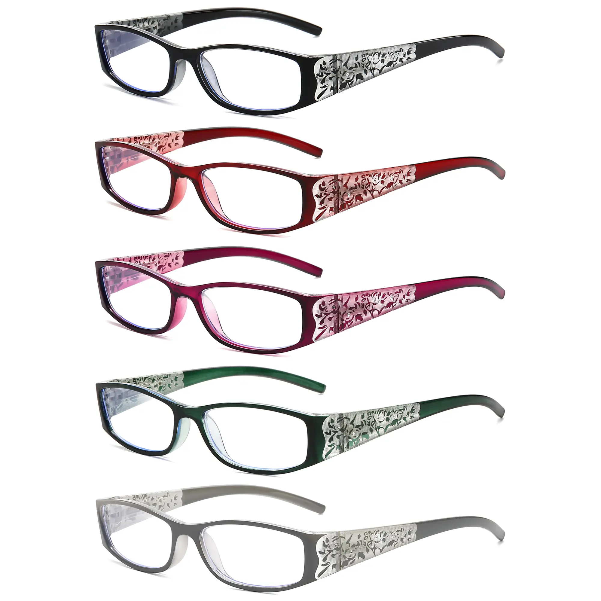 Women's 5pack Rectangular Eyeglasses, Blue Light Blocking Non-Prescription Eyewear, Lightweight Spring Hinge Polycarbonate Colorful Frame Reading Glasses for Computer Use