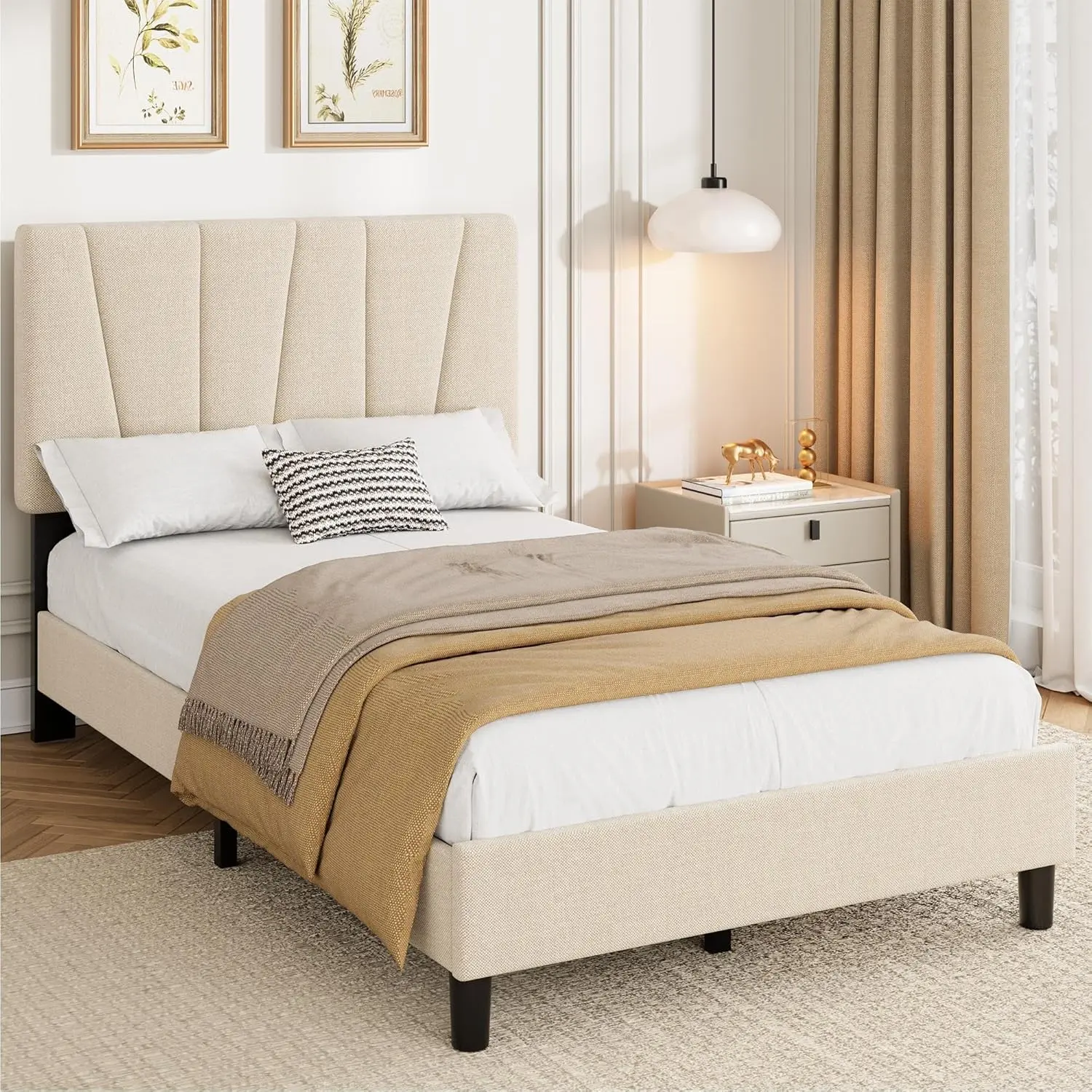 Platform Bed Frame with Adjustable Headboard – Sturdy Wooden Slats, Linen & Soft, No Box Spring Needed, Easy Assembly, Mattress Foundation – Bedroom Furniture