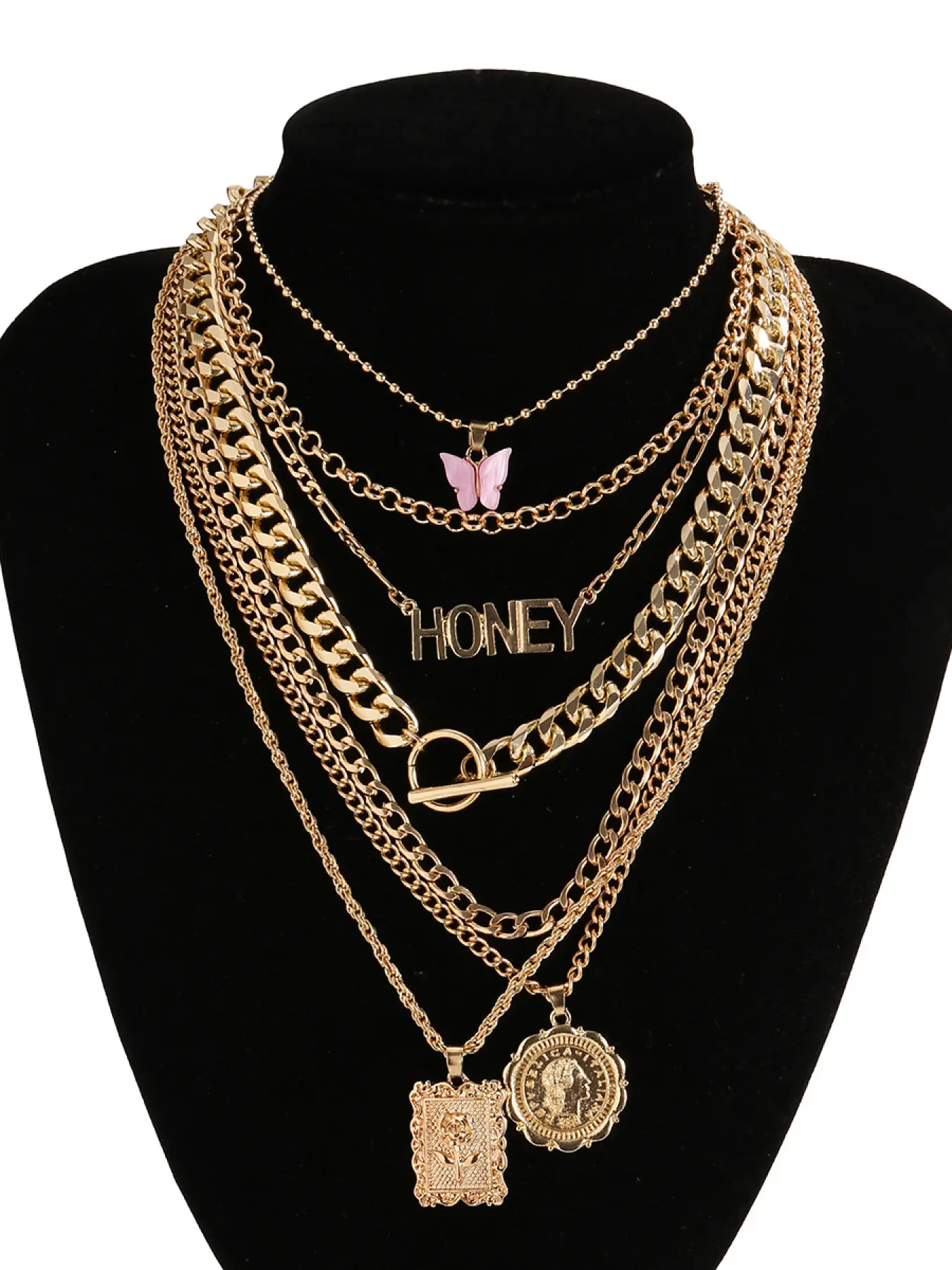 7-Piece Golden Layered Y2K Necklace Set with 'HONEY' Letter, Butterfly & Coin Charms Edgy Chic Accessory, Fashion Matching Boho Style Necklace for Daily, Party & Music Festival