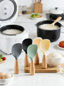 Wooden Handle Silicone Cooking Spoon Non Stick Heat Resistant Kitchen Utensil Anti Scald Non Stick Rice Spoon Durable Silicone Spoon for Cooking Mixing Serving Kitchen Gadgets Essential Cookware for Home Kitchen