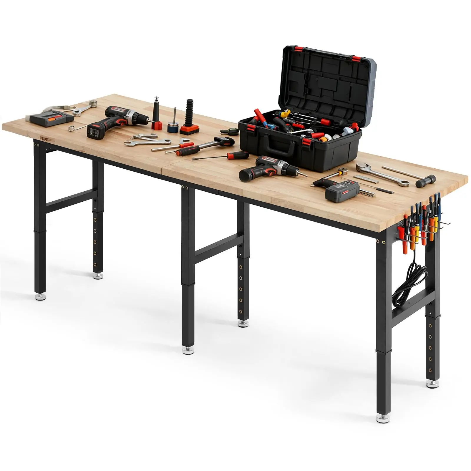 【toolupgrade】Durable Adjustable Height Oak Wood Workbench with Adjustable Legs, 96x24in, 5000lb Capacity, 4 AC Outlets, 2 USB Ports, 10ft Power Cord, 20 Hooks, Dual Side Pegboards, Power Station, Storage, Assembly Required, for Garage, Workshop