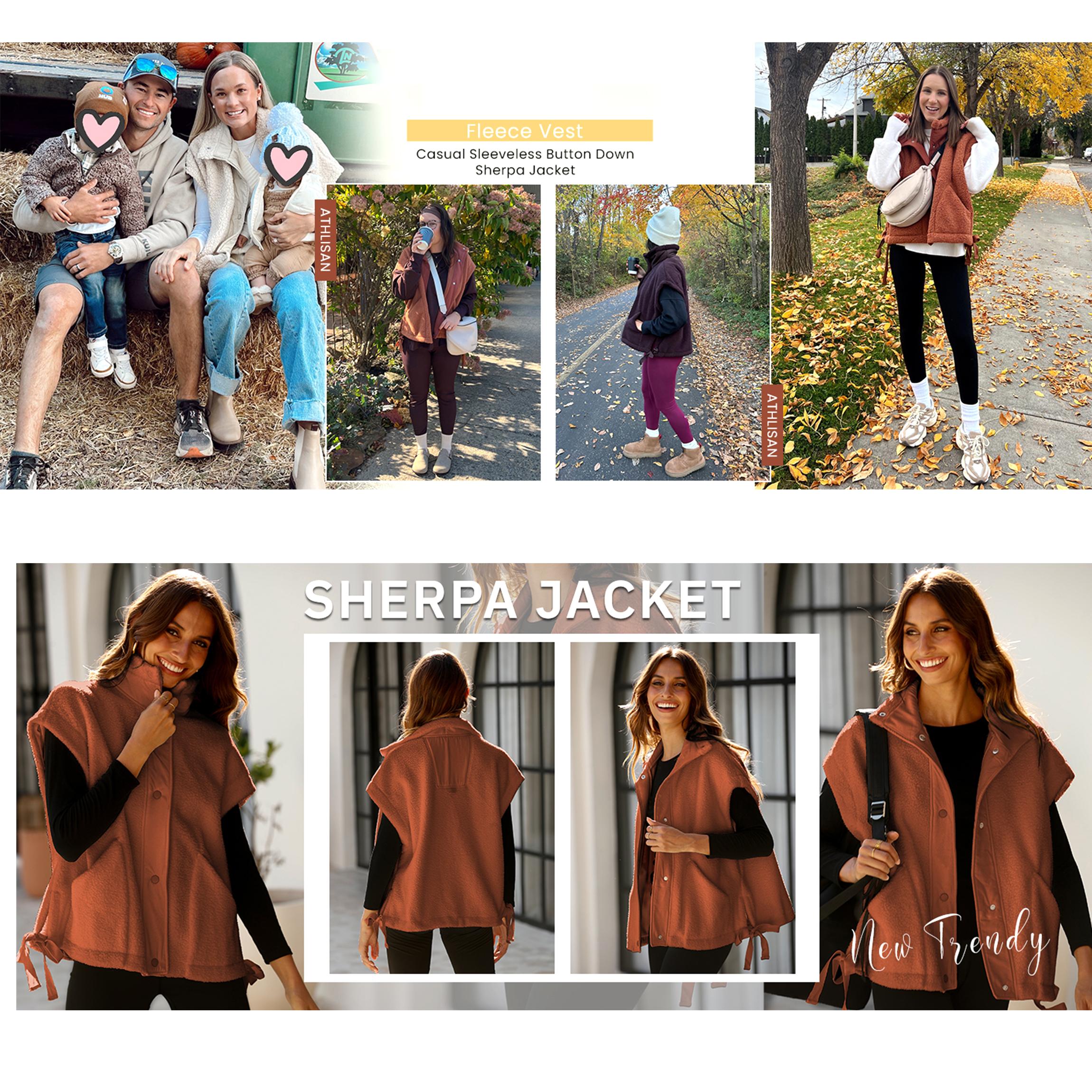 Buenoble Women's Oversized Fleece Vest Cozy Sherpa Sleeveless Jacket with High Neck Side Ties Snap Buttons Fall Winter Casual Outerwear SpringStatements