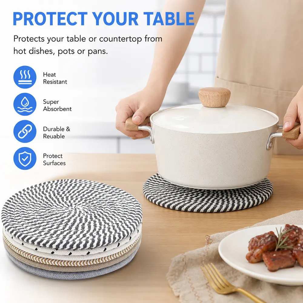 Stylish 6pcs Heat Resistant Trivet Mats - 8-in Thick Large Coasters for Hot Pots,Pans - Durable Kitchen Surface Protectors for Countertops - Essential Kitchenware for Daily Use, Tableware