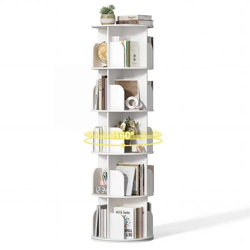 5-Tier 360° Spinning Rotating Bookshelf Tower, Freestanding Vertical Corner Bookcase, Space Saving Storage Shelf for Bedroom, Living Room and Study, White