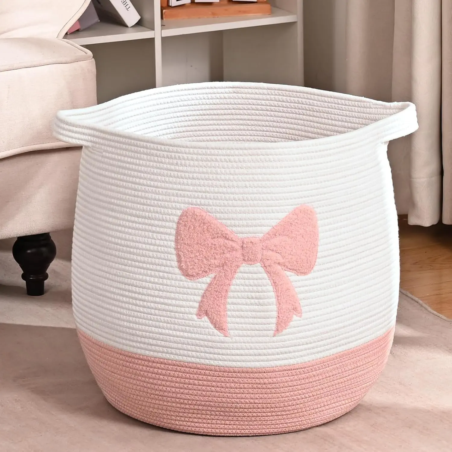 Large Baby Laundry Hamper, Pink Bow Laundry Basket for Baby Girl, Toy and Blanket Storage Basket for Nursery and Playroom, Cotton Rope Hamper for Kids, 17.7"x15.7" Boho Jute Foldable home