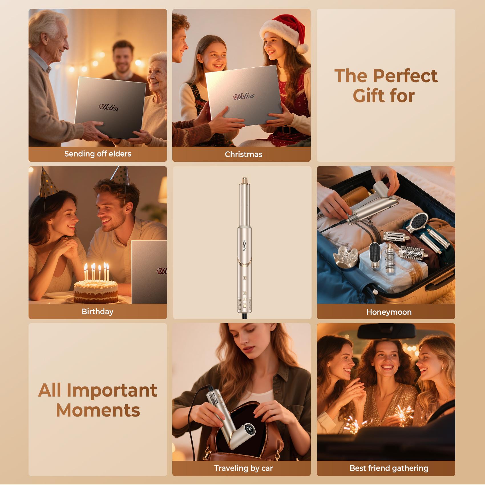 UKLISS FusionAir DIY HairStyler Airstyler Champagne Gold 90-Day Free Trial & Refund 2 Year Warranty 110000RPM HairCurler + HairStraightener + HairDryer + HotAirBrush + LowTemperatureHairCare + NegativeIons + BlowoutBoost + HairDiffuser + Fluffier