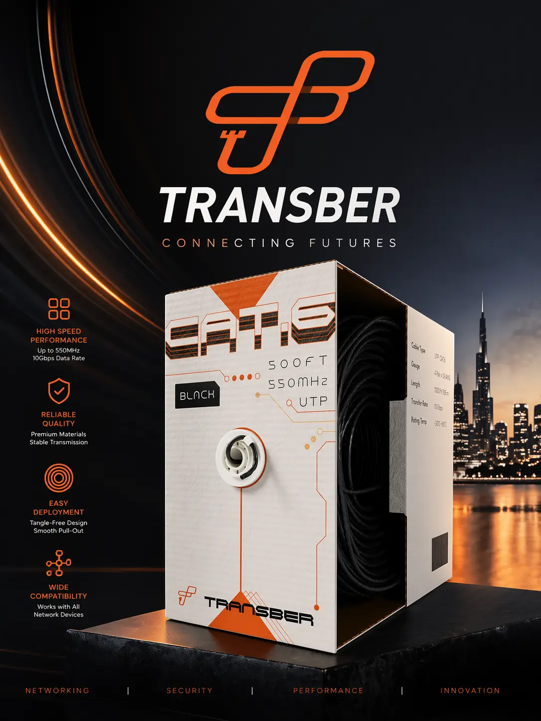 Transber CAT6 High-Speed Ethernet Cable - 500ft Length, 10Gbps Speed, 550MHz Frequency, Compatible with Computers, Desktops