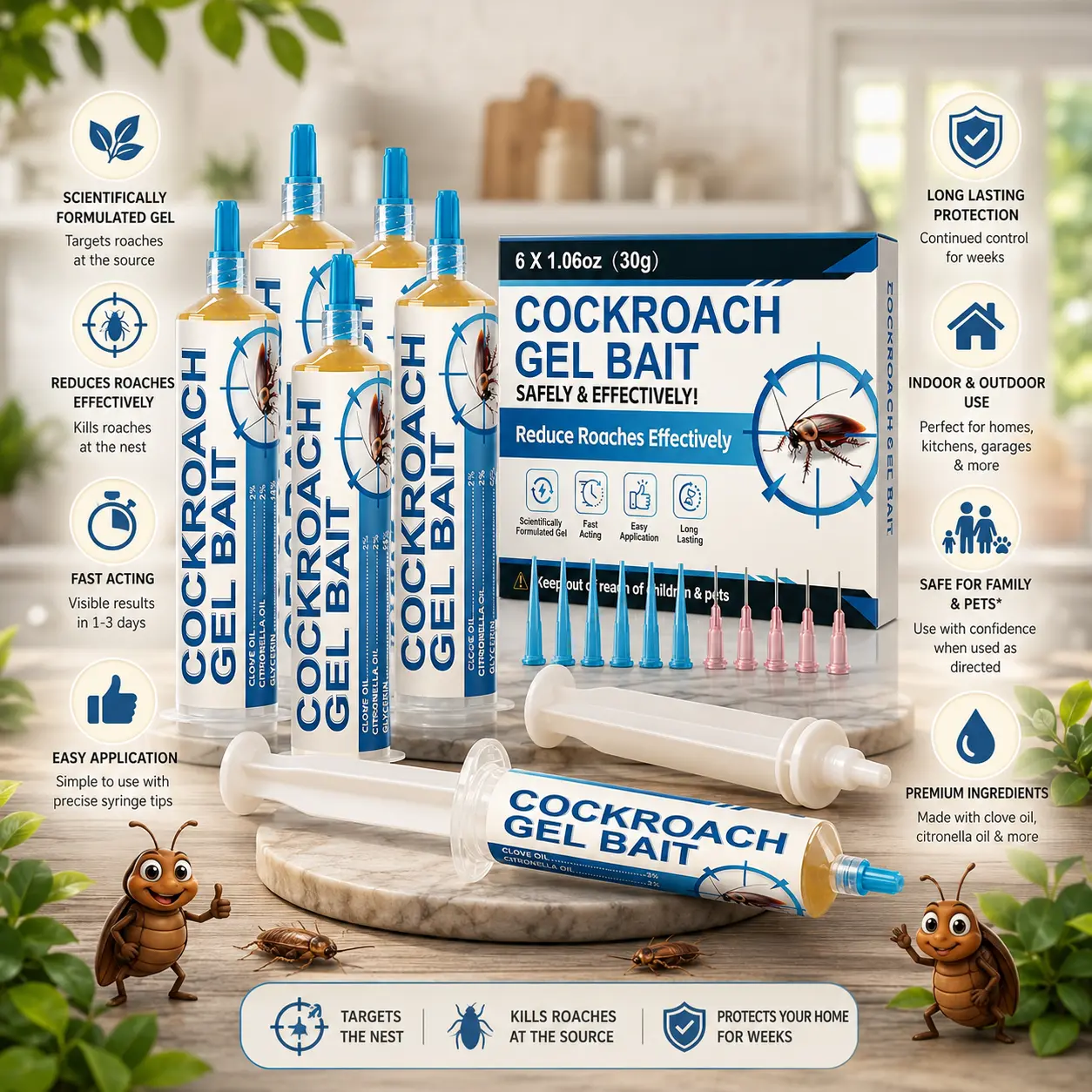 6 Pack Pest Control Cockroach Gel - Upgraded Fast-Acting, Long-Lasting Solution, Easy Apply for Kitchen, Bathroom Indoor Use