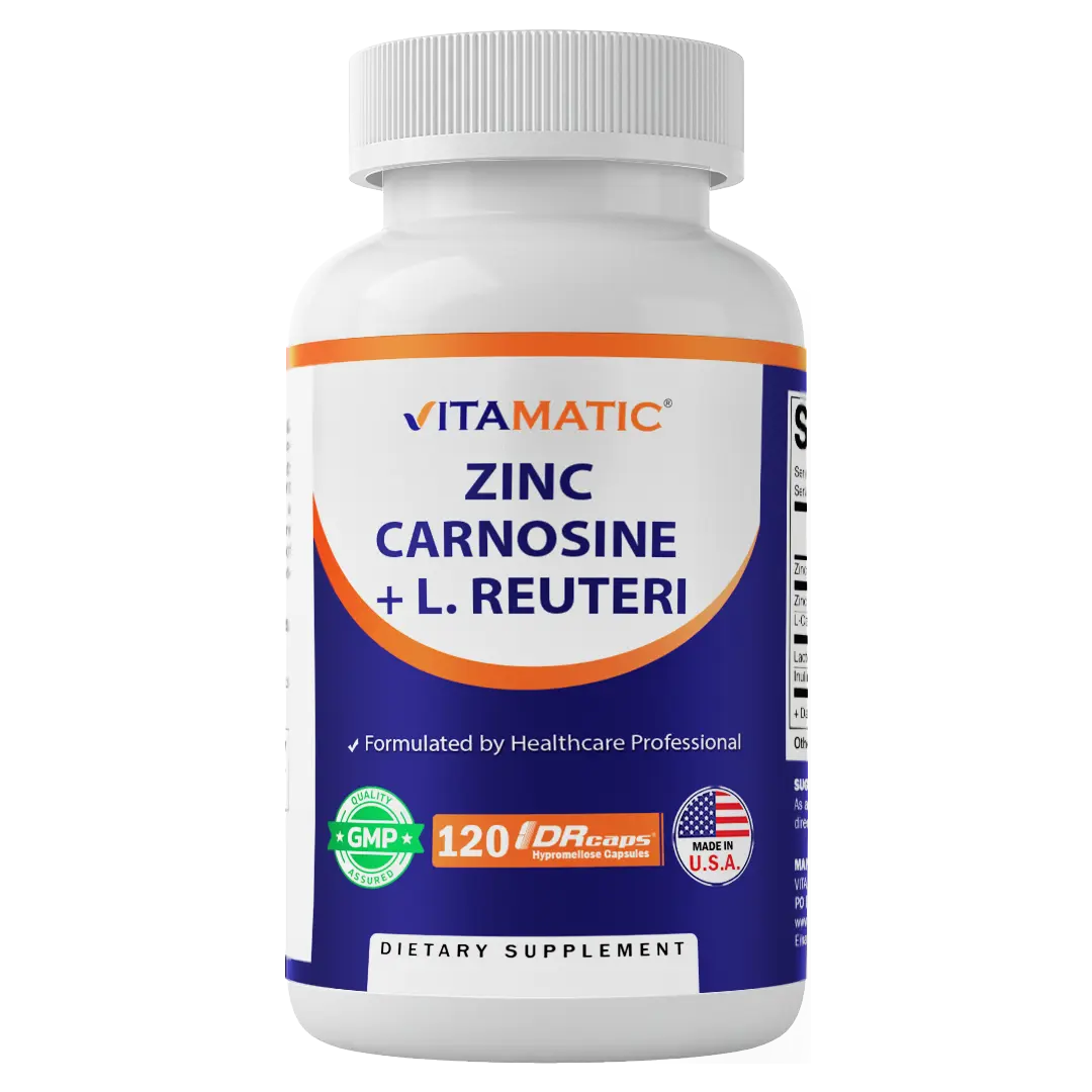 Zinc Carnosine with L. Reuteri 10 Billion CFU & Prebiotic Inulin 264 mg Digestive & Gut Health Support* - 120 Delayed-Release Capsules