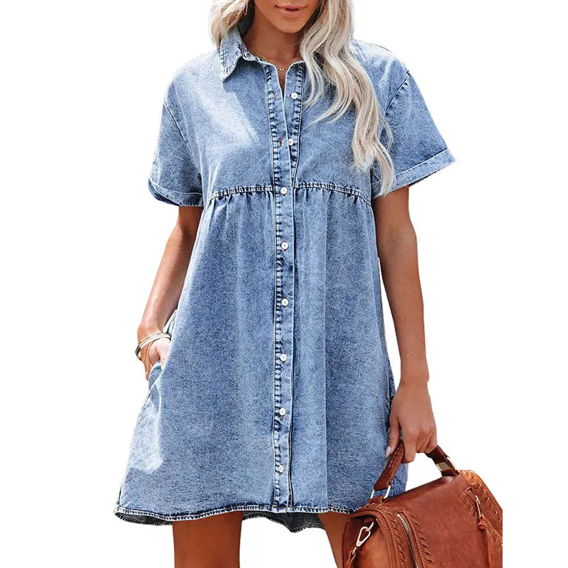 MIDIROSS Lady's Short-Sleeve Collared Button-Down Flowy Tiered Babydoll Denim Dress - Cotton Fabric, Elegant Casual Wear Womenswear